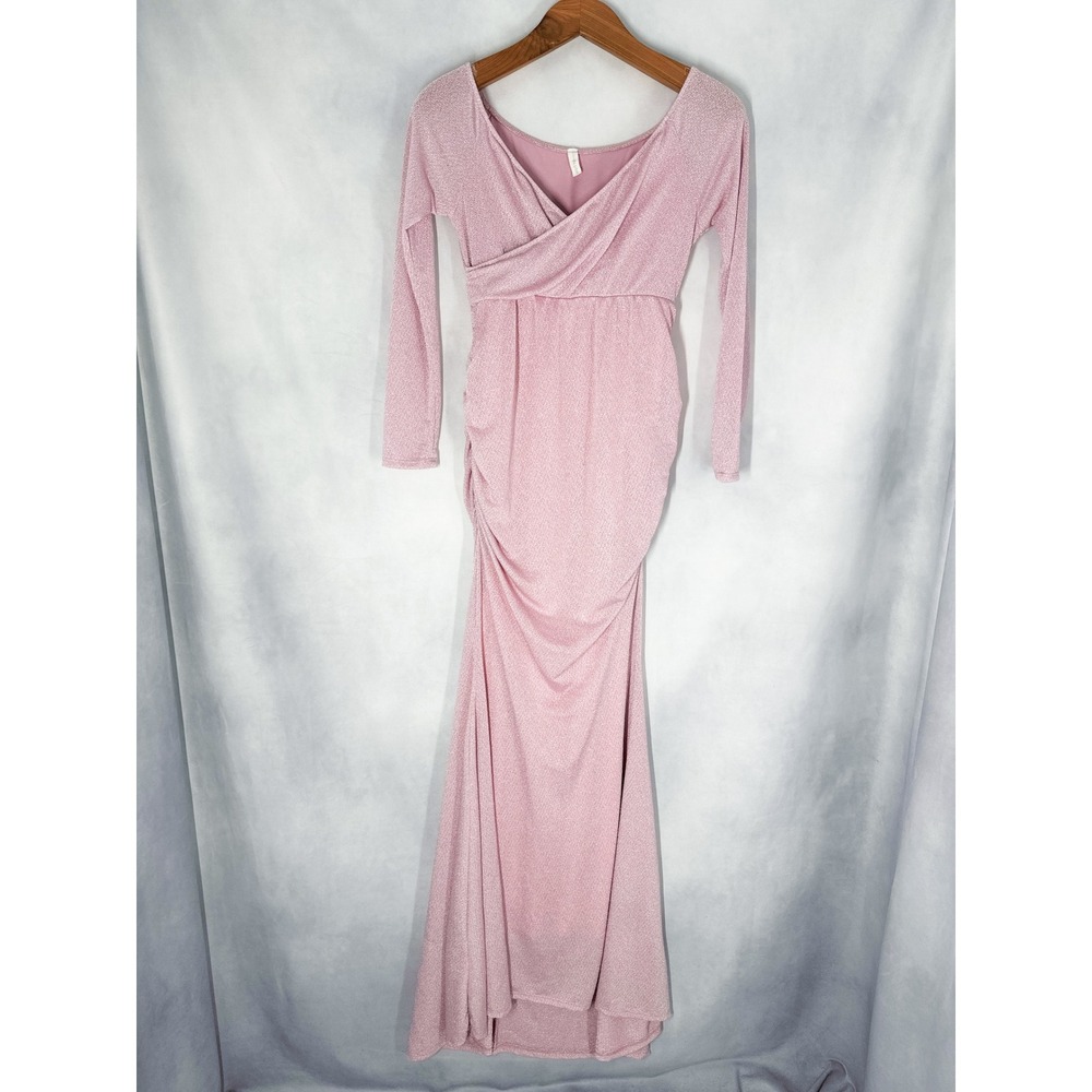 PinkBlush Maternity Long Sleeve Pink Sparkle Metallic Maxi Dress Size Medium